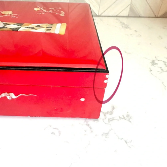 Vintage Lacquered Red Box Mother of Pearl Abalone Inlay Asian Box Stationary Box - Picture 9 of 16